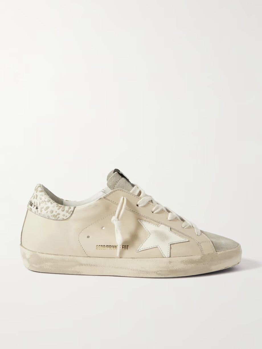 Super-Star metallic leopard-print distressed leather and suede sneakers Super-Star metallic leopard-print distressed leather and suede sneakers