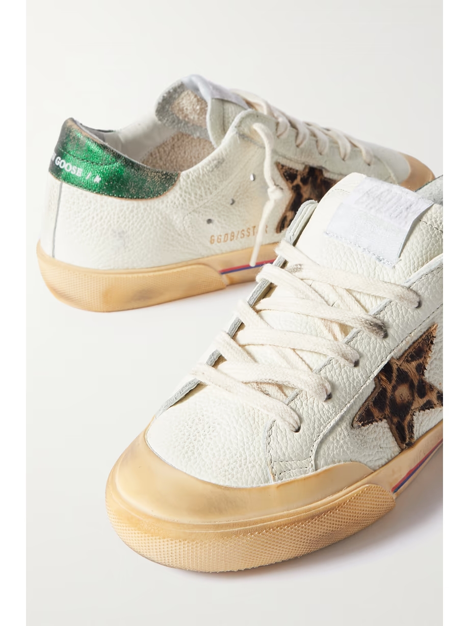 Superstar Penstar distressed leather, leopard-print-trimmed rubber sneakers Superstar Penstar distressed leather, leopard-print-trimmed rubber sneakers