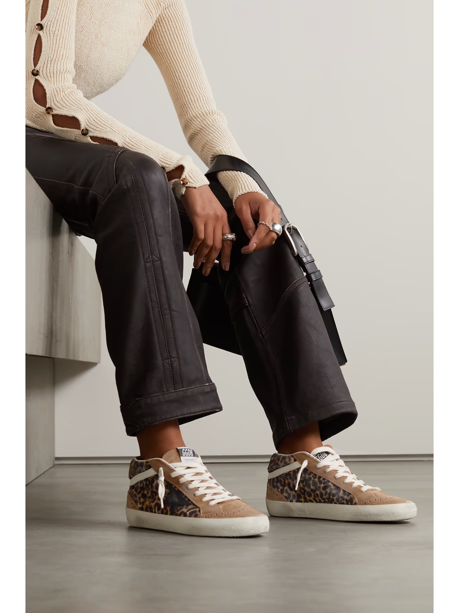 Mid Star distressed leather-trimmed leopard-print suede sneakers Mid Star distressed leather-trimmed leopard-print suede sneakers