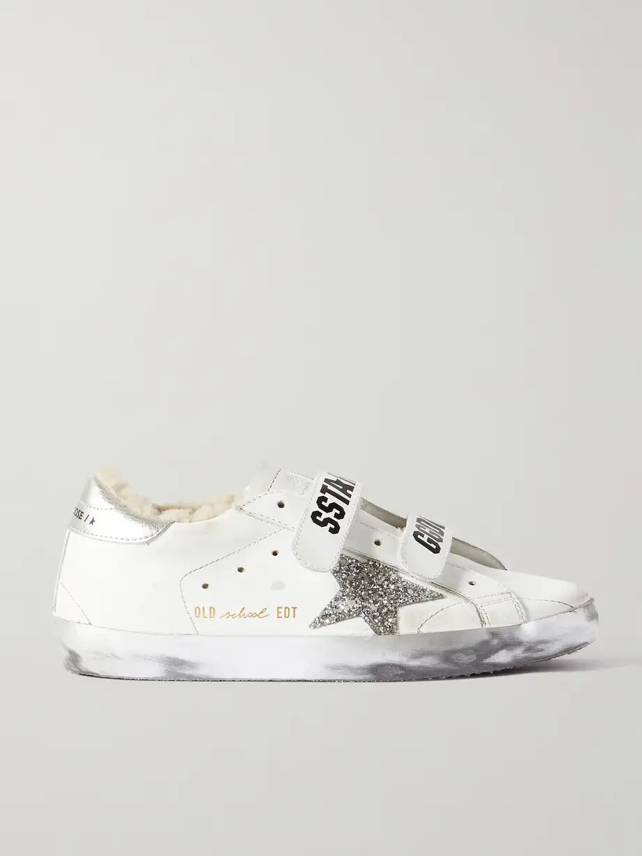 Old School shearling-lined distressed glittered leather sneakers Old School shearling-lined distressed glittered leather sneakers