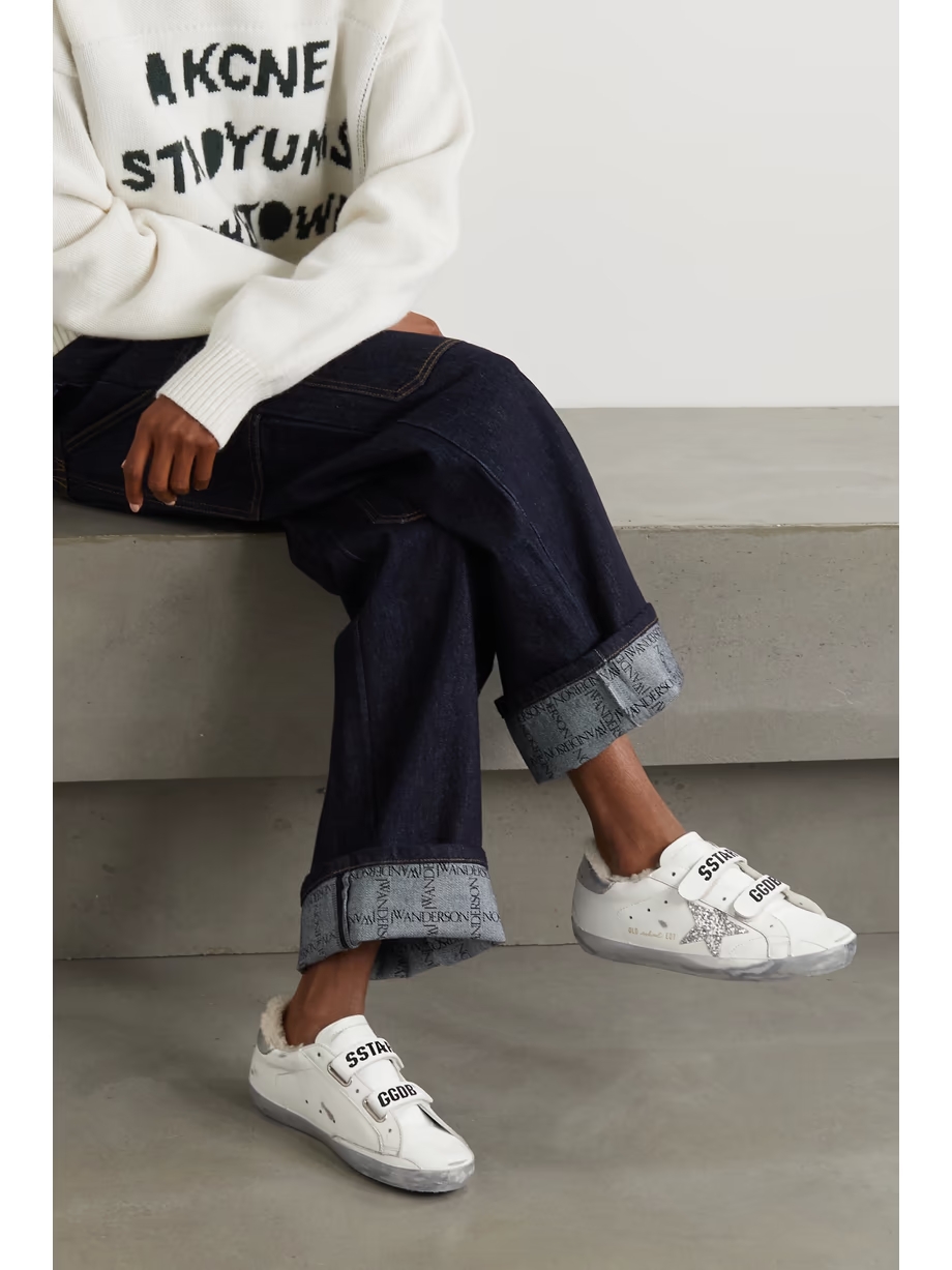 Old School shearling-lined distressed glittered leather sneakers Old School shearling-lined distressed glittered leather sneakers
